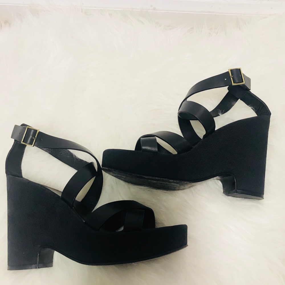 Gucci Black Canvas Wedge Strappy Heels 8.5
